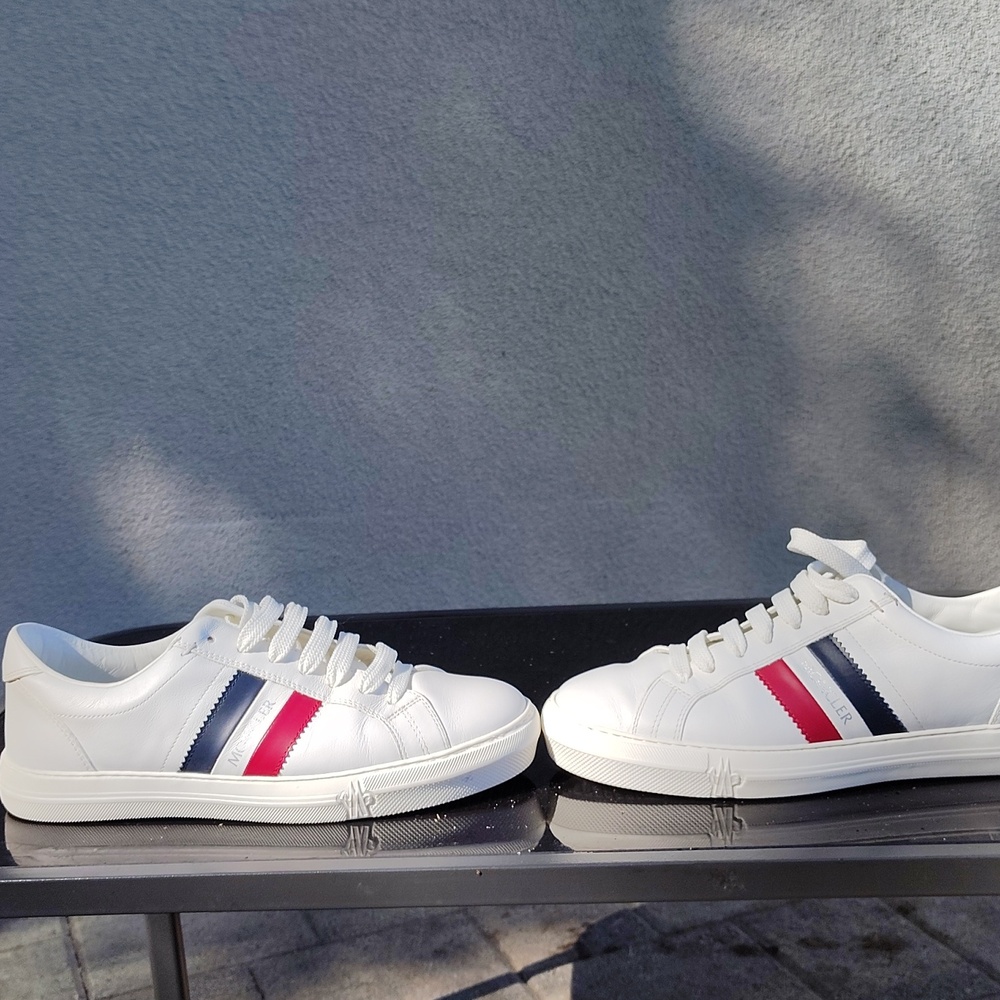 Moncler White Sneakers with Red and Blue Stripes